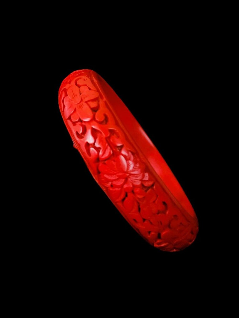 Vintage 1970s Chinese Red Cinnabar Resin Bangle Bracelet Floral Carved